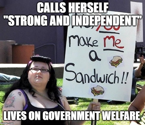Will Never Raise A Child, But Will Be Raised By The Government | CALLS HERSELF ''STRONG AND INDEPENDENT''; LIVES ON GOVERNMENT WELFARE | image tagged in fat feminist,memes | made w/ Imgflip meme maker