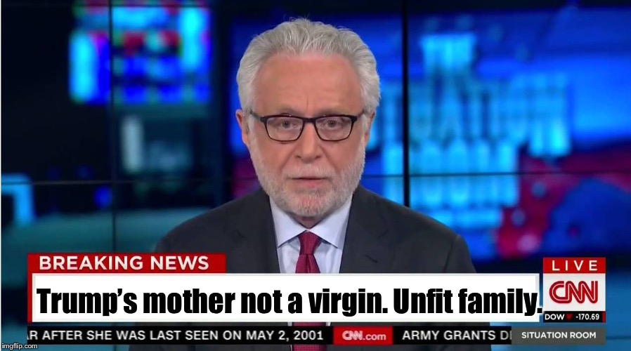 CNN "Wolf of Fake News" Fanfiction | Trump’s mother not a virgin. Unfit family. | image tagged in cnn wolf of fake news fanfiction | made w/ Imgflip meme maker