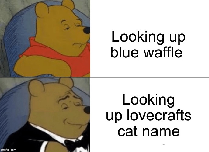 Tuxedo Winnie The Pooh Meme | Looking up blue waffle; Looking up lovecrafts cat name | image tagged in memes,tuxedo winnie the pooh | made w/ Imgflip meme maker