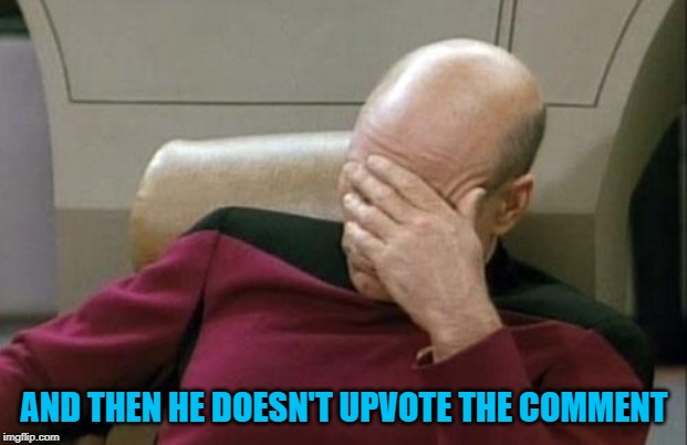 Captain Picard Facepalm Meme | AND THEN HE DOESN'T UPVOTE THE COMMENT | image tagged in memes,captain picard facepalm | made w/ Imgflip meme maker