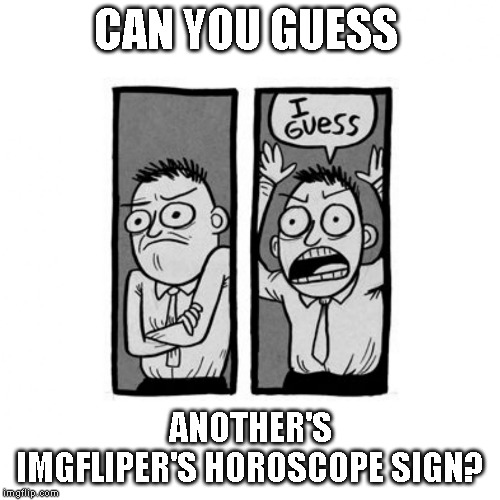 just having some fun | CAN YOU GUESS; ANOTHER'S IMGFLIPER'S HOROSCOPE SIGN? | image tagged in i guess | made w/ Imgflip meme maker