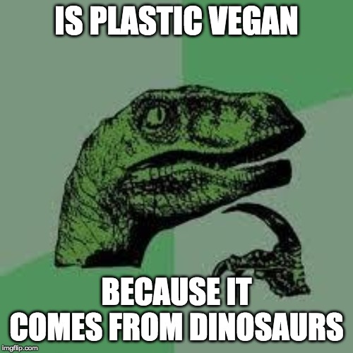 Dinosaur | IS PLASTIC VEGAN; BECAUSE IT COMES FROM DINOSAURS | image tagged in dinosaur,vegan,plastic | made w/ Imgflip meme maker