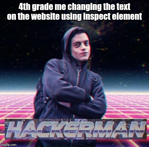 wow hax gonna report | 4th grade me changing the text on the website using inspect element | image tagged in hackerman,memes | made w/ Imgflip meme maker