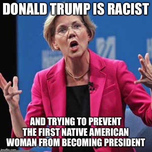 Elizabeth Warren | DONALD TRUMP IS RACIST; AND TRYING TO PREVENT THE FIRST NATIVE AMERICAN WOMAN FROM BECOMING PRESIDENT | image tagged in elizabeth warren | made w/ Imgflip meme maker