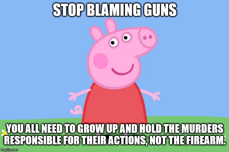 Peppa thinks it's time you blamed the killer and not the gun | STOP BLAMING GUNS; YOU ALL NEED TO GROW UP AND HOLD THE MURDERS RESPONSIBLE FOR THEIR ACTIONS, NOT THE FIREARM. | image tagged in peppa pig,politics,memes,cartoon,guns | made w/ Imgflip meme maker