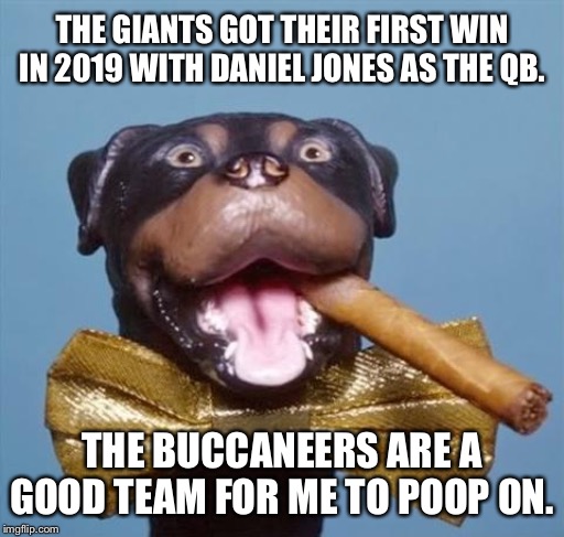 Giants beating Buccaneers ain’t very impressive | THE GIANTS GOT THEIR FIRST WIN IN 2019 WITH DANIEL JONES AS THE QB. THE BUCCANEERS ARE A GOOD TEAM FOR ME TO POOP ON. | image tagged in triumph the insult comic dog,memes,giants,nfl football,suck,jones | made w/ Imgflip meme maker