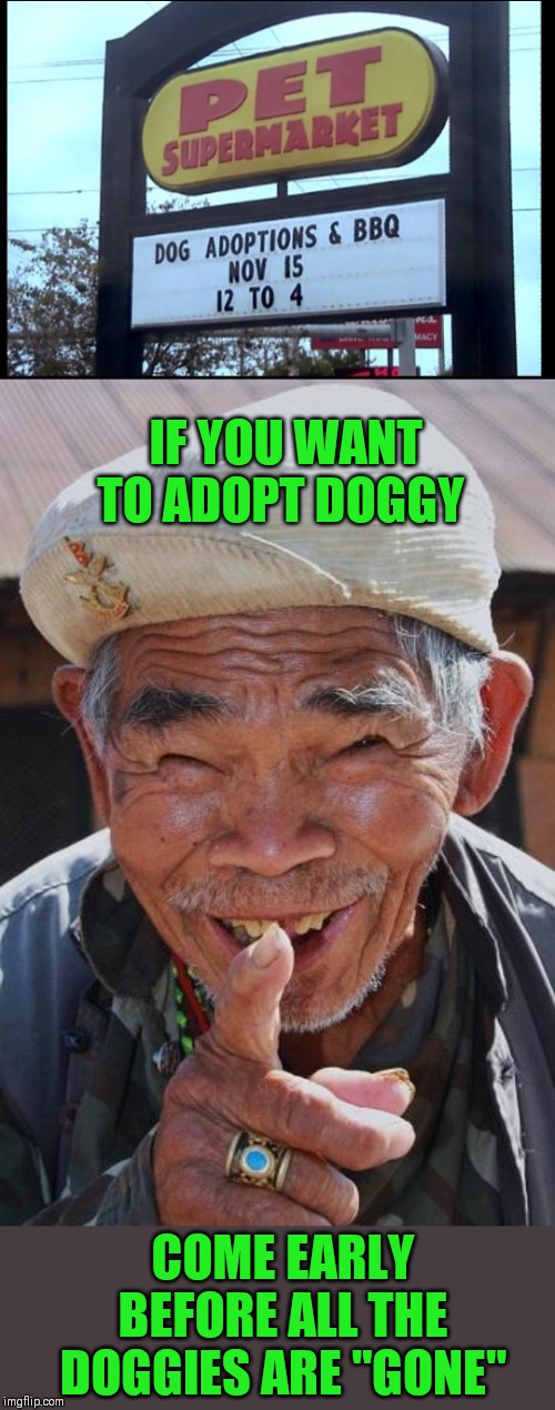 Chinese BBQ |  IF YOU WANT TO ADOPT DOGGY; COME EARLY BEFORE ALL THE DOGGIES ARE "GONE" | image tagged in funny old chinese man 1,chinese food,funny signs,44colt,dogs,adoption | made w/ Imgflip meme maker