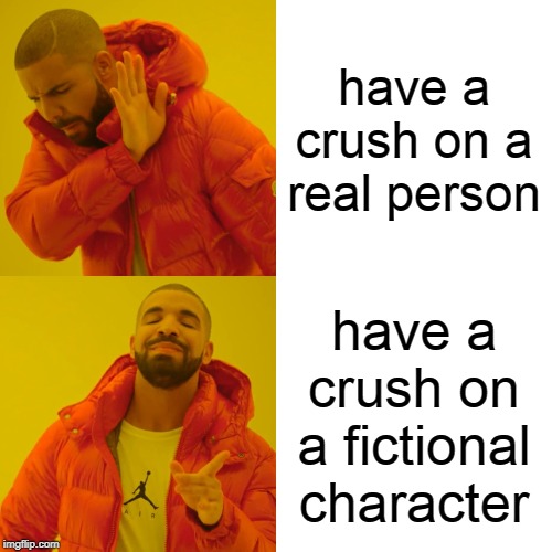 Drake Hotline Bling Meme | have a crush on a real person; have a crush on a fictional character | image tagged in memes,drake hotline bling | made w/ Imgflip meme maker