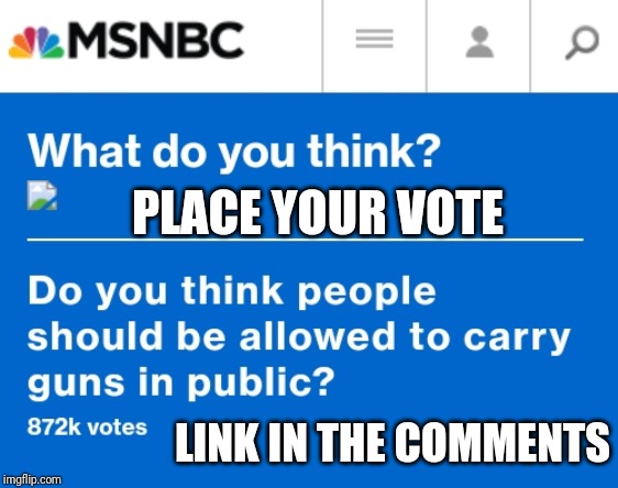MSNBC Firearms Poll | PLACE YOUR VOTE; LINK IN THE COMMENTS | image tagged in msnbc,2nd amendment,polls | made w/ Imgflip meme maker