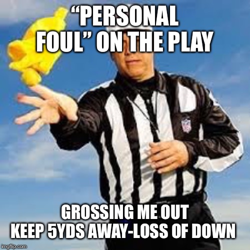 Referee | “PERSONAL FOUL” ON THE PLAY GROSSING ME OUT
KEEP 5YDS AWAY-LOSS OF DOWN | image tagged in referee | made w/ Imgflip meme maker