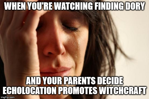 This actually happened | WHEN YOU'RE WATCHING FINDING DORY; AND YOUR PARENTS DECIDE ECHOLOCATION PROMOTES WITCHCRAFT | image tagged in memes,first world problems | made w/ Imgflip meme maker