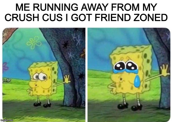 Spogebob Crying | ME RUNNING AWAY FROM MY CRUSH CUS I GOT FRIEND ZONED | image tagged in spogebob crying | made w/ Imgflip meme maker