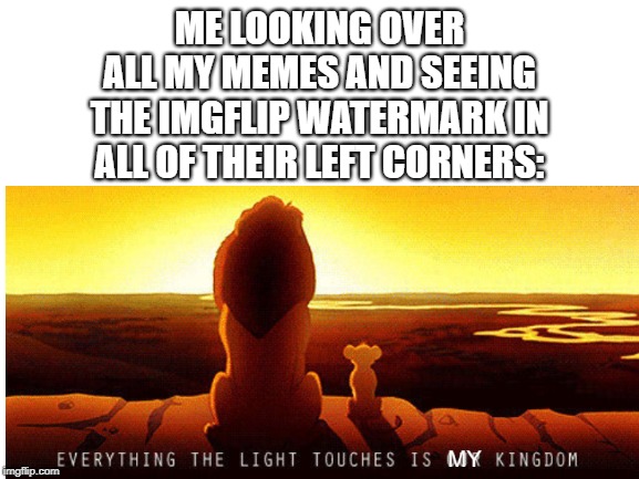 Atleast it ain't Memeatic | ME LOOKING OVER ALL MY MEMES AND SEEING THE IMGFLIP WATERMARK IN ALL OF THEIR LEFT CORNERS: | image tagged in the lion king,simba shadowy place,imgflip | made w/ Imgflip meme maker