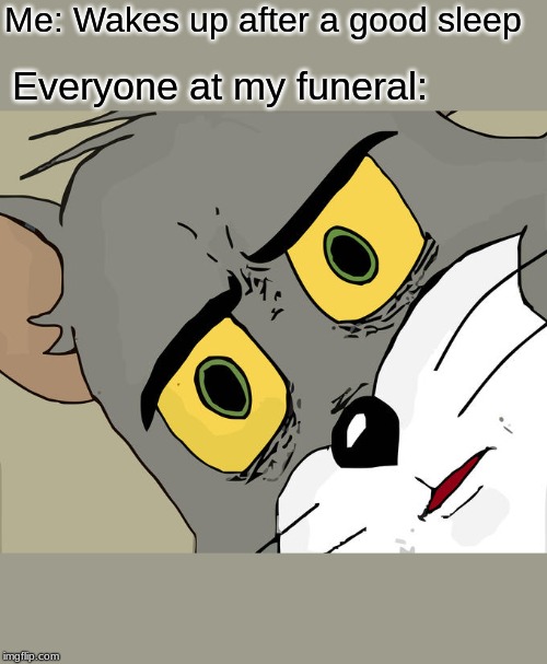 Unsettled Tom Meme | Me: Wakes up after a good sleep; Everyone at my funeral: | image tagged in memes,unsettled tom | made w/ Imgflip meme maker