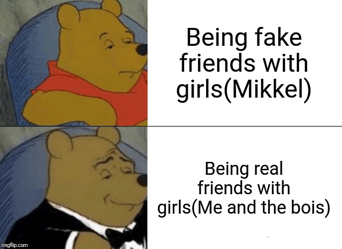Tuxedo Winnie The Pooh | Being fake friends with girls(Mikkel); Being real friends with girls(Me and the bois) | image tagged in memes,tuxedo winnie the pooh | made w/ Imgflip meme maker