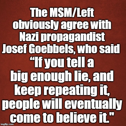 Blank Red Background | The MSM/Left obviously agree with Nazi propagandist Josef Goebbels, who said; “If you tell a big enough lie, and keep repeating it, people will eventually come to believe it." | image tagged in blank red background | made w/ Imgflip meme maker