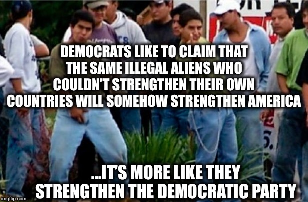 DEMOCRATS LIKE TO CLAIM THAT THE SAME ILLEGAL ALIENS WHO COULDN’T STRENGTHEN THEIR OWN COUNTRIES WILL SOMEHOW STRENGTHEN AMERICA; ...IT’S MORE LIKE THEY STRENGTHEN THE DEMOCRATIC PARTY | image tagged in democrats,illegal aliens | made w/ Imgflip meme maker