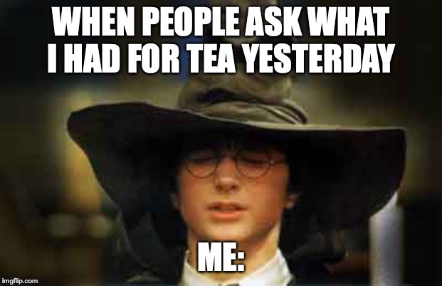 Harry Potter sorting hat | WHEN PEOPLE ASK WHAT I HAD FOR TEA YESTERDAY; ME: | image tagged in harry potter sorting hat | made w/ Imgflip meme maker