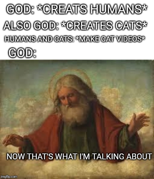 god | GOD: *CREATS HUMANS*; ALSO GOD: *CREATES CATS*; HUMANS AND CATS: *MAKE CAT VIDEOS*; GOD:; NOW THAT'S WHAT I'M TALKING ABOUT | image tagged in god | made w/ Imgflip meme maker