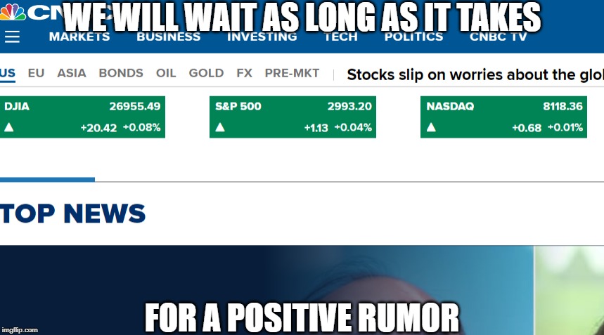 WE WILL WAIT AS LONG AS IT TAKES; FOR A POSITIVE RUMOR | image tagged in stocks,trump | made w/ Imgflip meme maker