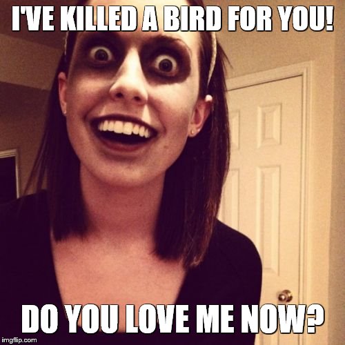 Good cat! | I'VE KILLED A BIRD FOR YOU! DO YOU LOVE ME NOW? | image tagged in memes,zombie overly attached girlfriend | made w/ Imgflip meme maker