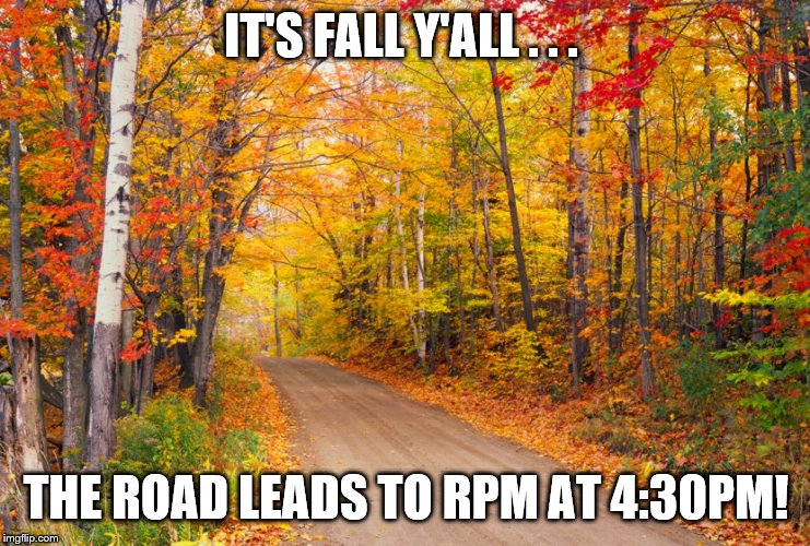 fall leaves texas | IT'S FALL Y'ALL . . . THE ROAD LEADS TO RPM AT 4:30PM! | image tagged in fall leaves texas | made w/ Imgflip meme maker