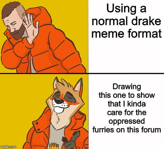 Furry Drake | Using a normal drake meme format; Drawing this one to show that I kinda care for the oppressed furries on this forum | image tagged in furry drake | made w/ Imgflip meme maker