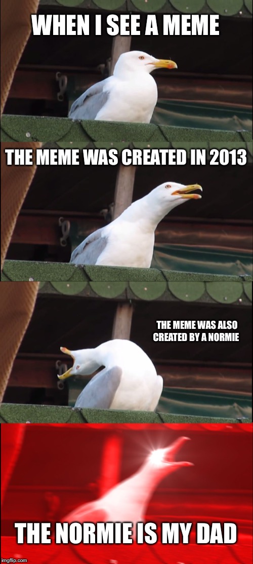 Inhaling Seagull Meme | WHEN I SEE A MEME; THE MEME WAS CREATED IN 2013; THE MEME WAS ALSO CREATED BY A NORMIE; THE NORMIE IS MY DAD | image tagged in memes,inhaling seagull | made w/ Imgflip meme maker