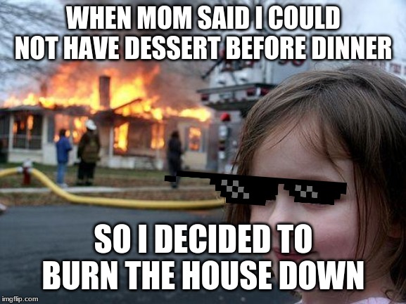 Disaster Girl | WHEN MOM SAID I COULD NOT HAVE DESSERT BEFORE DINNER; SO I DECIDED TO BURN THE HOUSE DOWN | image tagged in memes,disaster girl | made w/ Imgflip meme maker