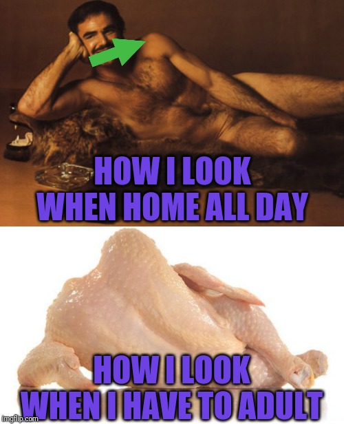 Meat Space | HOW I LOOK WHEN HOME ALL DAY; HOW I LOOK WHEN I HAVE TO ADULT | image tagged in sexy chicken,burt reynolds bearskin rug,work,laziness | made w/ Imgflip meme maker