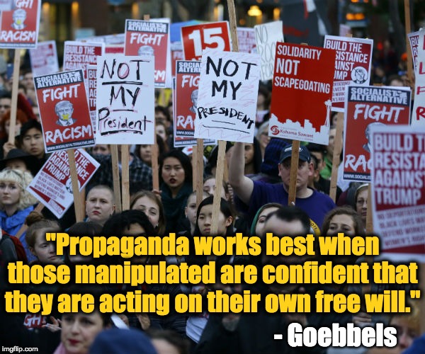 Anti Trump protest | "Propaganda works best when those manipulated are confident that they are acting on their own free will." - Goebbels | image tagged in anti trump protest | made w/ Imgflip meme maker