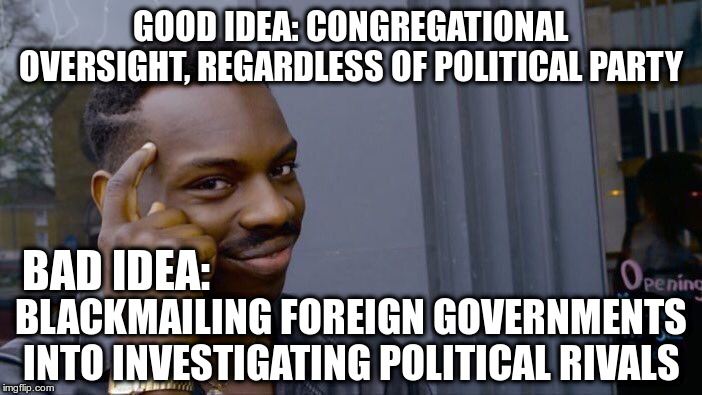 Roll Safe Think About It Meme | GOOD IDEA: CONGREGATIONAL OVERSIGHT, REGARDLESS OF POLITICAL PARTY BLACKMAILING FOREIGN GOVERNMENTS INTO INVESTIGATING POLITICAL RIVALS BAD  | image tagged in memes,roll safe think about it | made w/ Imgflip meme maker