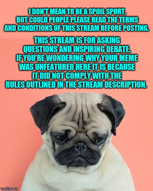 I hate having to delete posts  (〒﹏〒) | I DON'T MEAN TO BE A SPOIL SPORT, BUT COULD PEOPLE PLEASE READ THE TERMS AND CONDITIONS OF THIS STREAM BEFORE POSTING. THIS STREAM IS FOR ASKING QUESTIONS AND INSPIRING DEBATE. IF YOU'RE WONDERING WHY YOUR MEME WAS UNFEATURED HERE IT IS BECAUSE IT DID NOT COMPLY WITH THE RULES OUTLINED IN THE STREAM DESCRIPTION. | image tagged in the think tank,stream rules,terms and conditions,thanks for reading | made w/ Imgflip meme maker