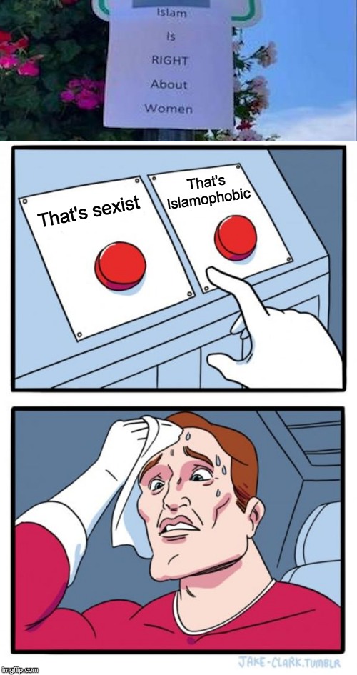 Two Buttons | That's Islamophobic; That's sexist | image tagged in memes,two buttons | made w/ Imgflip meme maker
