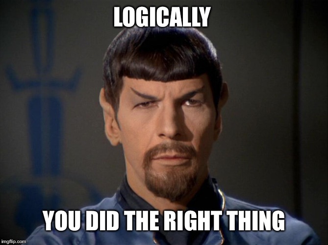 Evil Spock | LOGICALLY YOU DID THE RIGHT THING | image tagged in evil spock | made w/ Imgflip meme maker