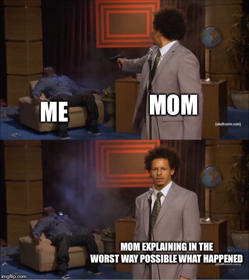 Who Killed Hannibal | MOM; ME; MOM EXPLAINING IN THE WORST WAY POSSIBLE WHAT HAPPENED | image tagged in memes,who killed hannibal | made w/ Imgflip meme maker