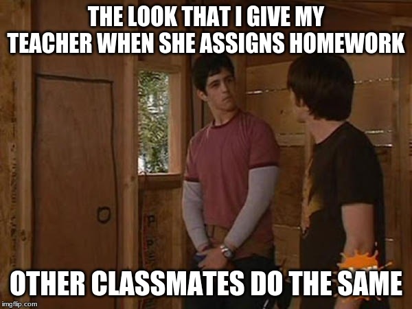 Drake and Josh treehouse | THE LOOK THAT I GIVE MY TEACHER WHEN SHE ASSIGNS HOMEWORK; OTHER CLASSMATES DO THE SAME | image tagged in drake and josh treehouse | made w/ Imgflip meme maker