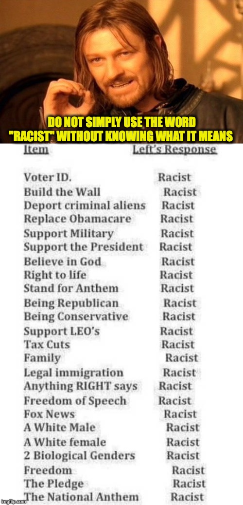 Racism Exposed | DO NOT SIMPLY USE THE WORD "RACIST" WITHOUT KNOWING WHAT IT MEANS | image tagged in memes,one does not simply,racism,exposed | made w/ Imgflip meme maker