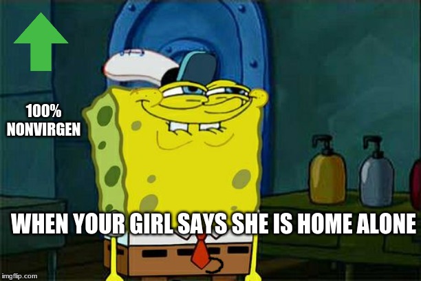 Don't You Squidward Meme | 100% NONVIRGEN; WHEN YOUR GIRL SAYS SHE IS HOME ALONE | image tagged in memes,dont you squidward | made w/ Imgflip meme maker