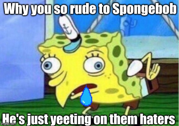 Mocking Spongebob Meme | Why you so rude to Spongebob; He's just yeeting on them haters | image tagged in memes,mocking spongebob | made w/ Imgflip meme maker