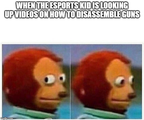 Monkey Puppet | WHEN THE ESPORTS KID IS LOOKING UP VIDEOS ON HOW TO DISASSEMBLE GUNS | image tagged in monkey puppet | made w/ Imgflip meme maker