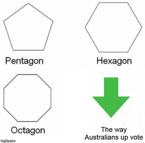 Pentagon Hexagon Octagon Meme | The way Australians up vote | image tagged in memes,pentagon hexagon octagon | made w/ Imgflip meme maker