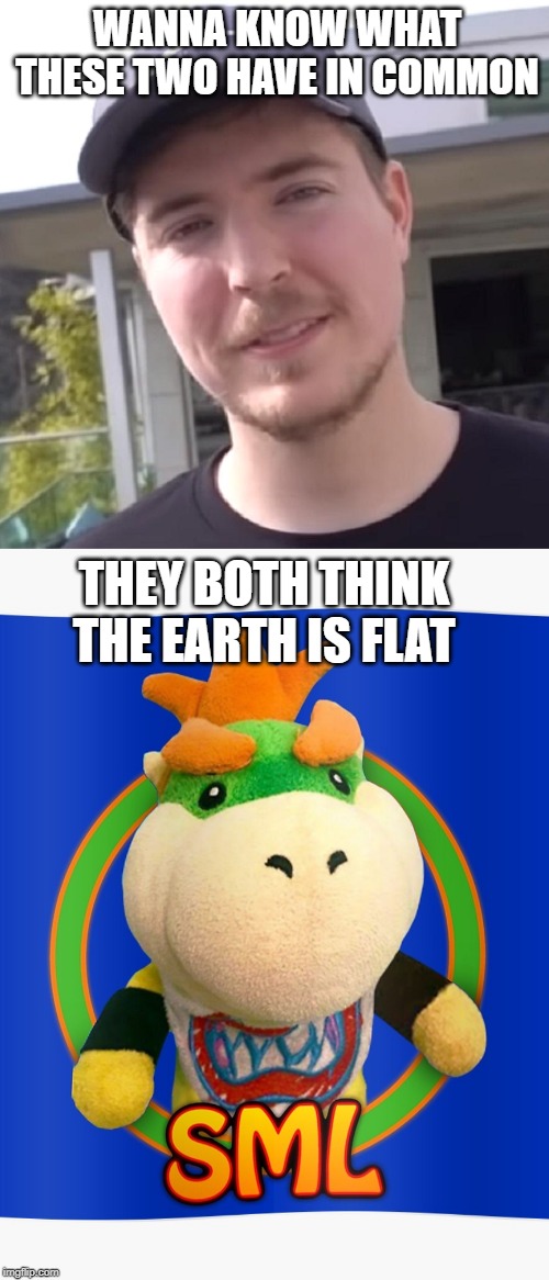 Wanna know something | WANNA KNOW WHAT THESE TWO HAVE IN COMMON; THEY BOTH THINK THE EARTH IS FLAT | image tagged in mr beast | made w/ Imgflip meme maker