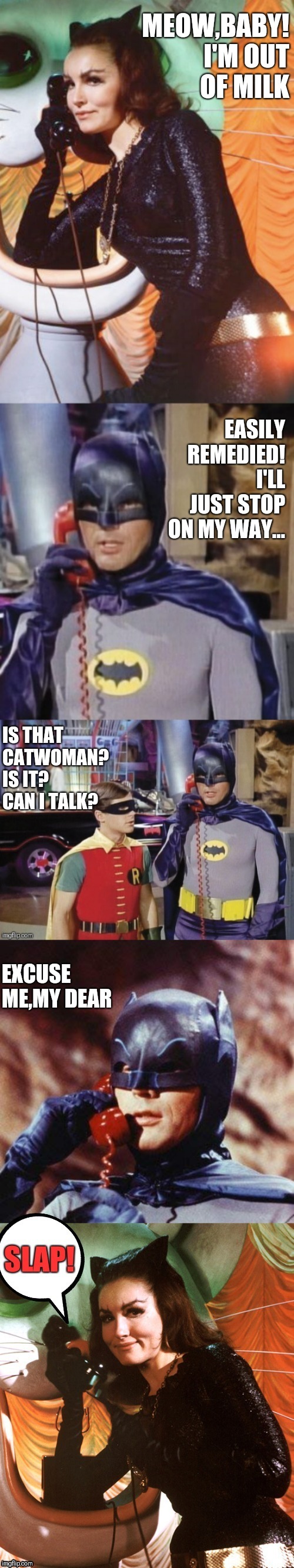 Cat-Call to the Bat-Phone | image tagged in memes,batman,batman slapping robin,catwoman | made w/ Imgflip meme maker
