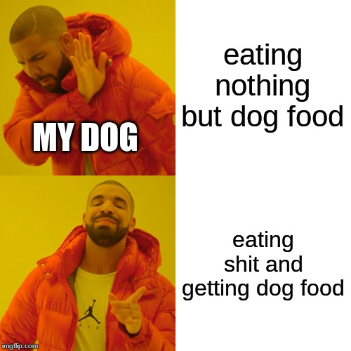Drake Hotline Bling | eating nothing but dog food; MY DOG; eating shit and getting dog food | image tagged in memes,drake hotline bling | made w/ Imgflip meme maker