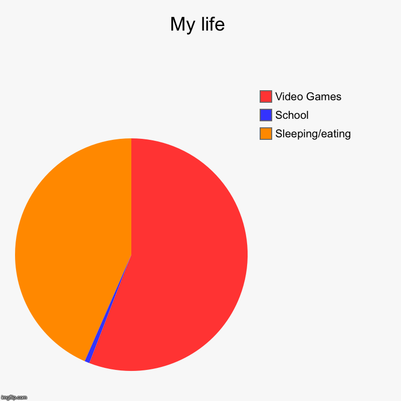 My life | Sleeping/eating, School, Video Games | image tagged in charts,pie charts | made w/ Imgflip chart maker