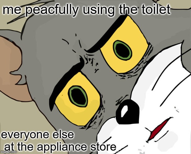 Unsettled Tom | me peacfully using the toilet; everyone else
 at the appliance store | image tagged in memes,unsettled tom | made w/ Imgflip meme maker