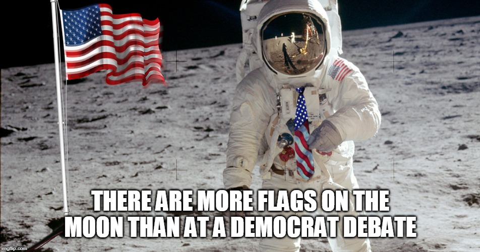 more flags on the moon | THERE ARE MORE FLAGS ON THE MOON THAN AT A DEMOCRAT DEBATE | image tagged in democrat,honoring the flag | made w/ Imgflip meme maker