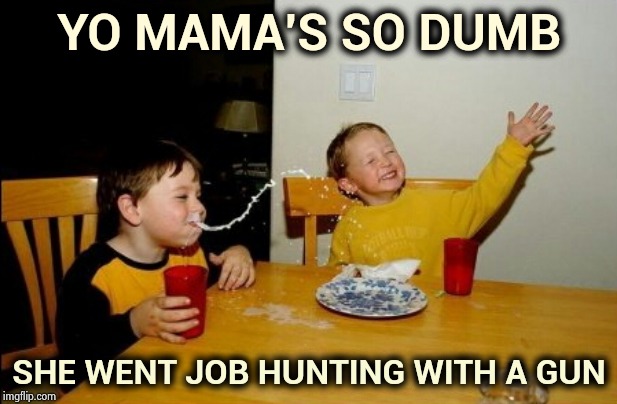 "Hire me or I'll shoot" could work | YO MAMA'S SO DUMB; SHE WENT JOB HUNTING WITH A GUN | image tagged in memes,yo mamas so fat,employment,desperate,hunting season,christmas shopping | made w/ Imgflip meme maker