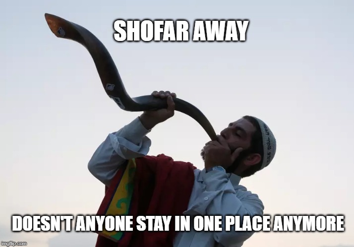 Shofar Away | SHOFAR AWAY; DOESN'T ANYONE STAY IN ONE PLACE ANYMORE | image tagged in shofar,jewish,trumpet,silly jewish jokes,jewish memes,carol king | made w/ Imgflip meme maker